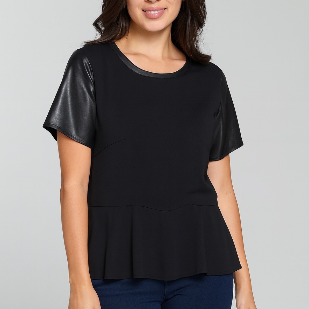 LOFT Black Faux‎ Leather Sleeve Peplum Hem Top Size S